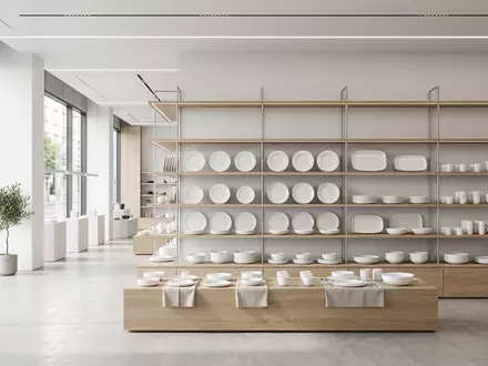 Architektur-Render im Haushaltswaren-Fachhandel mit Tafelgeschirr zum Thema Villeroy & Boch Geschirr, ISIN DE0007657231, neutrales Tageslicht - Foto: THN