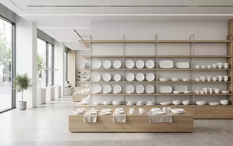 Architektur-Render im Haushaltswaren-Fachhandel mit Tafelgeschirr zum Thema Villeroy & Boch Geschirr, ISIN DE0007657231, neutrales Tageslicht - Foto: THN