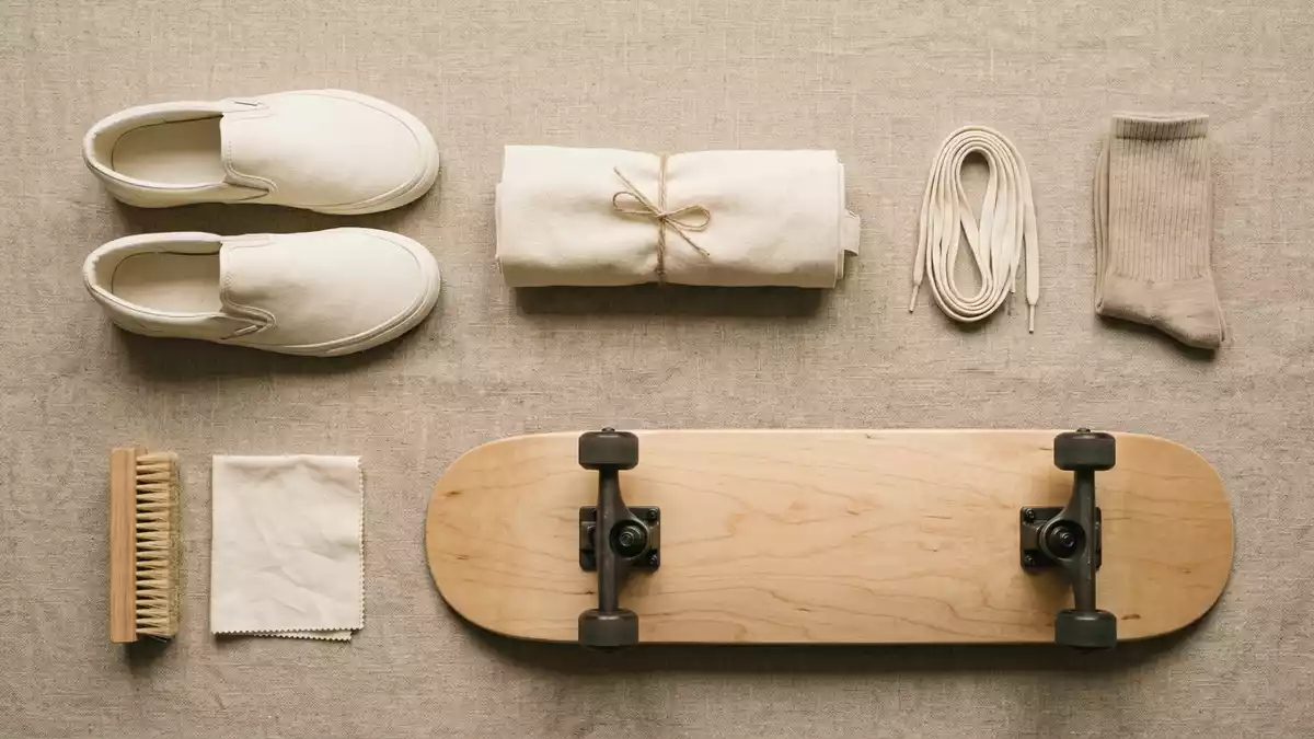 Flatlay-Arrangement rund um Leinenschuh mit passenden Requisiten von oben, neutral
