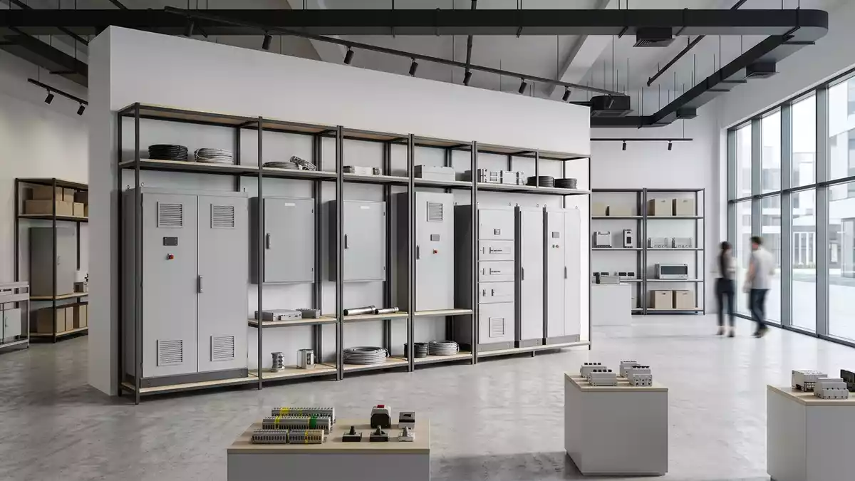 Architektur-Render im Elektro-Fachhandel mit Stromversorgung im Ausstellungsbereich