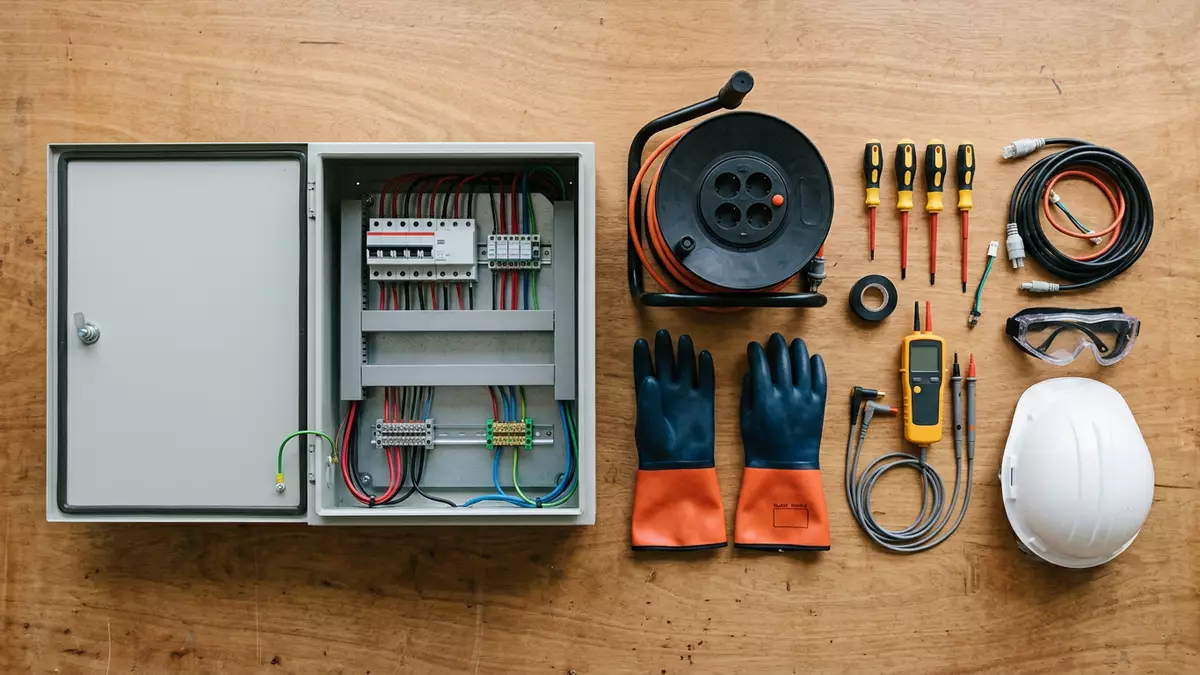 Flatlay-Arrangement rund um Stromversorgung mit passenden Requisiten von oben, neutral