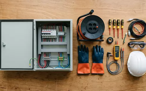 Flatlay-Arrangement rund um Stromversorgung zum Thema Verbund Strom, ISIN AT0000746409, weiches Oberlicht - Foto: THN