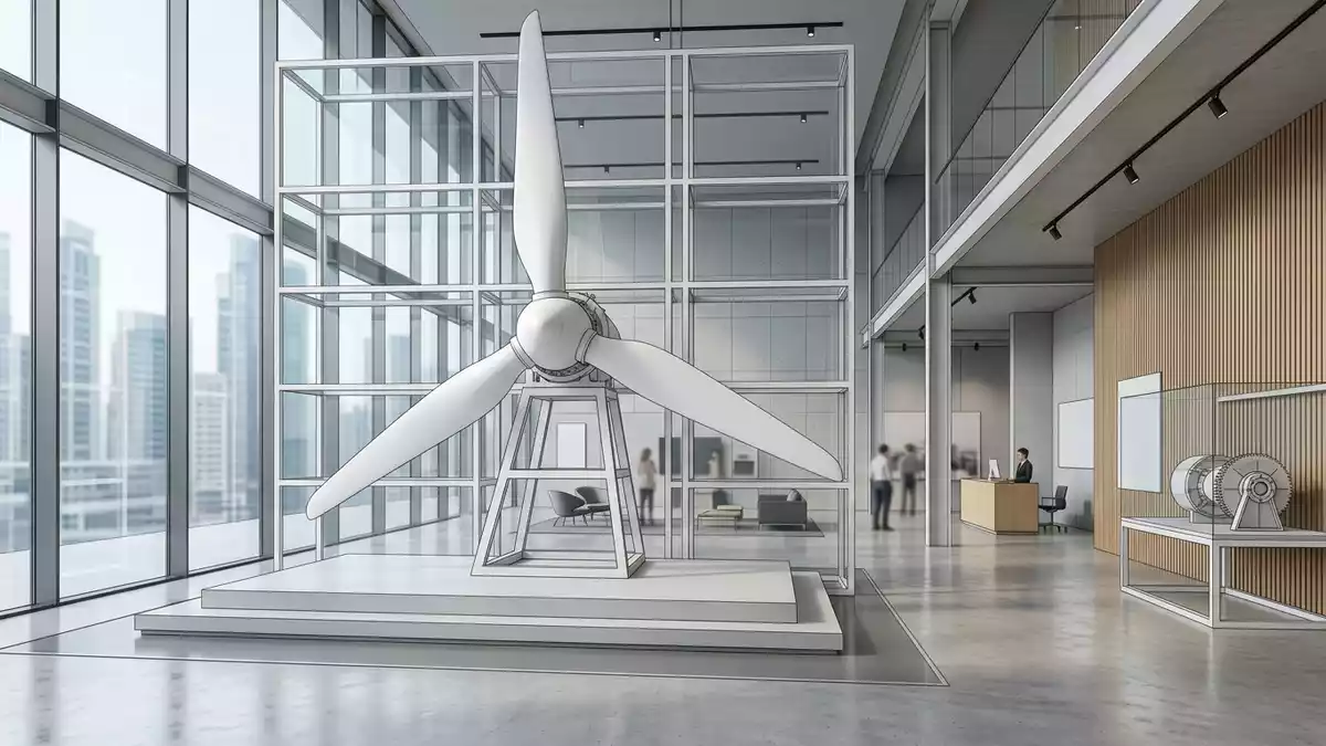 Architektur-Render im Energietechnik-Fachhandel mit Windkraftanlage im Ausstellungsbereich