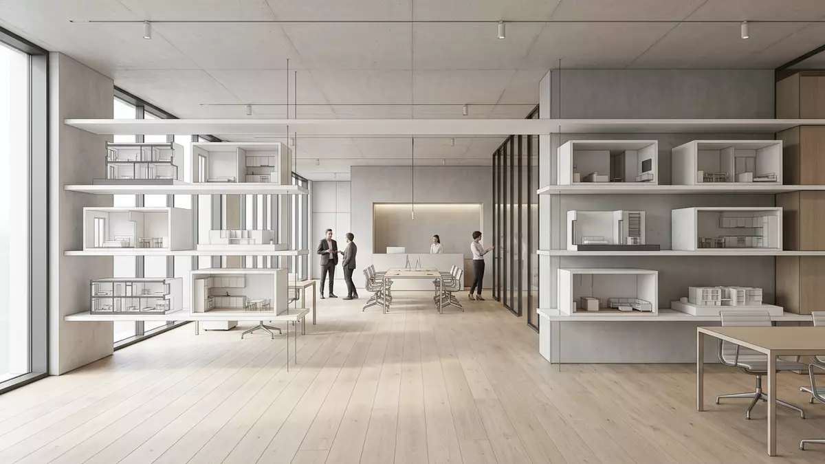 Architektur-Render im Immobilienbüro mit Mietwohnung im Ausstellungsbereich, neutral