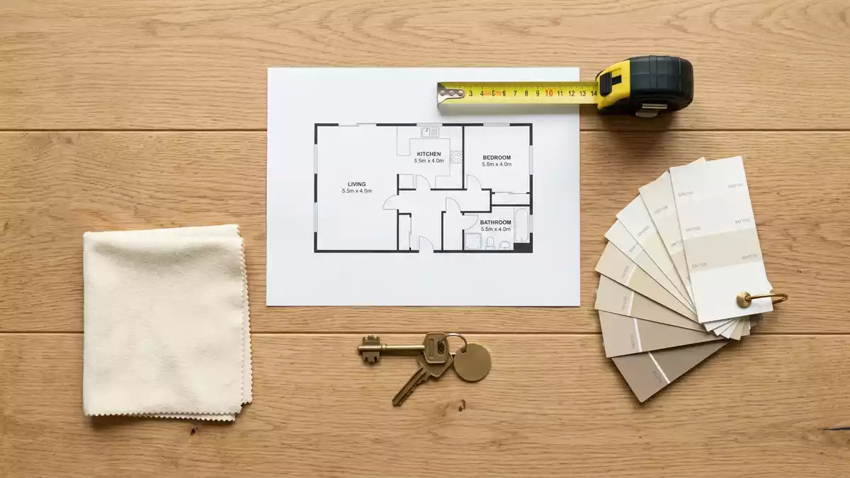 Flatlay-Arrangement rund um Mietwohnung mit passenden Requisiten von oben, neutral