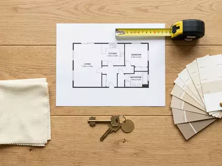 Flatlay-Arrangement rund um Mietwohnung zum Thema Vonovia Wohnung, ISIN DE000A1ML7J1, weiches Oberlicht - Foto: THN