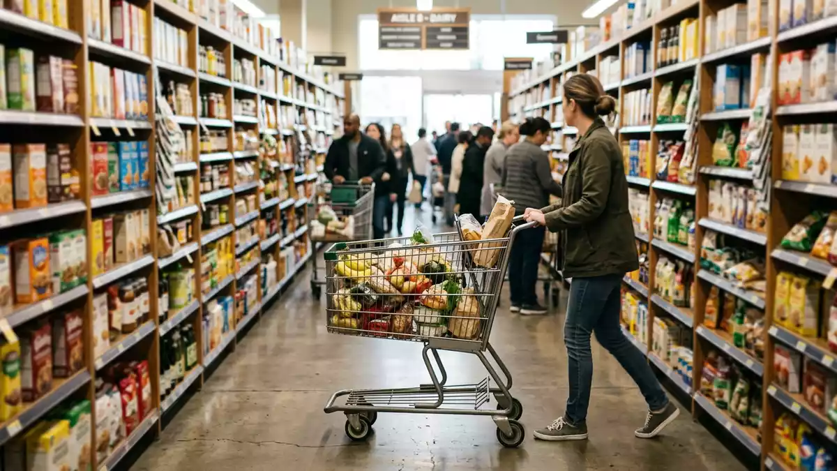 Fotorealistische Ansicht von Supermarkt beim Einkauf in realer Umgebung, neutral