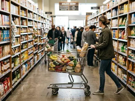 Fotorealistische Aufnahme von Supermarkt beim Einkauf zum Thema Walmart Supercenter, ISIN US9311421039, natuerliches Licht - Foto: THN