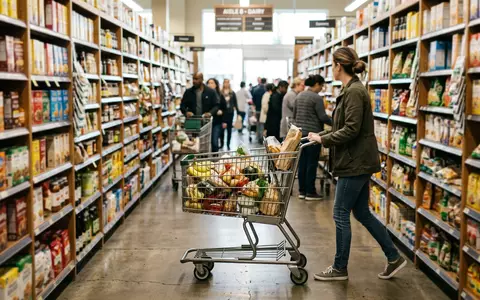 Fotorealistische Aufnahme von Supermarkt beim Einkauf zum Thema Walmart Supercenter, ISIN US9311421039, natuerliches Licht - Foto: THN