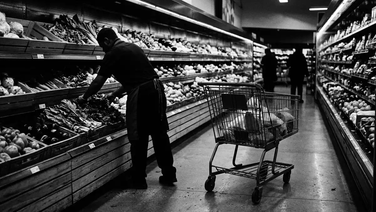 Schwarzweiss-Reportagebild mit Supermarkt in dokumentarischer Arbeitsumgebung, neutral