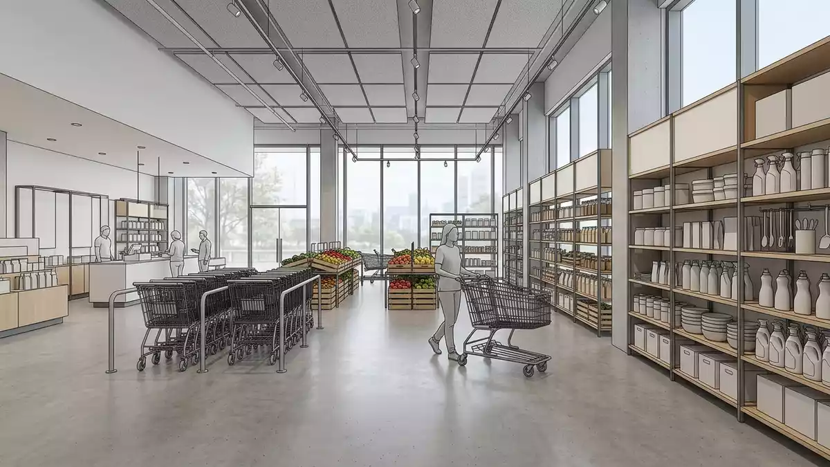 Architektur-Render im Supermarkt mit Supermarkt im Ausstellungsbereich, neutral