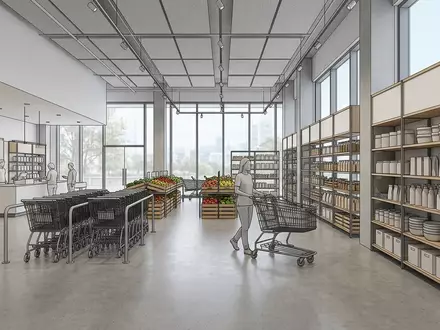 Architektur-Render im Supermarkt mit Supermarkt zum Thema Walmart Supercenter, ISIN US9311421039, neutrales Tageslicht - Foto: THN