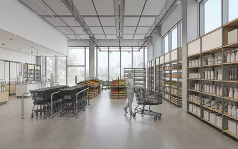Architektur-Render im Supermarkt mit Supermarkt zum Thema Walmart Supercenter, ISIN US9311421039, neutrales Tageslicht - Foto: THN