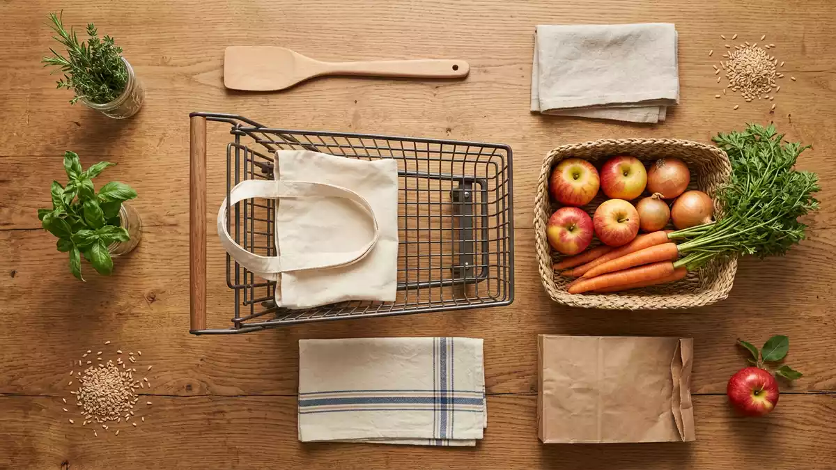 Flatlay-Arrangement rund um Supermarkt mit passenden Requisiten von oben, neutral