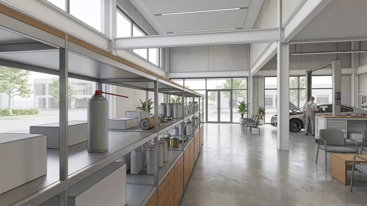 Architektur-Render im Autoteile-Fachhandel mit Multifunktionsöl im Ausstellungsbereich