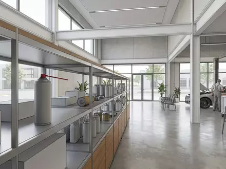 Architektur-Render im Autoteile-Fachhandel mit Multifunktionsöl zum Thema WD-40 Multifunktionsprodukt, ISIN US92923C1072, neutrales Tageslicht - Foto: THN