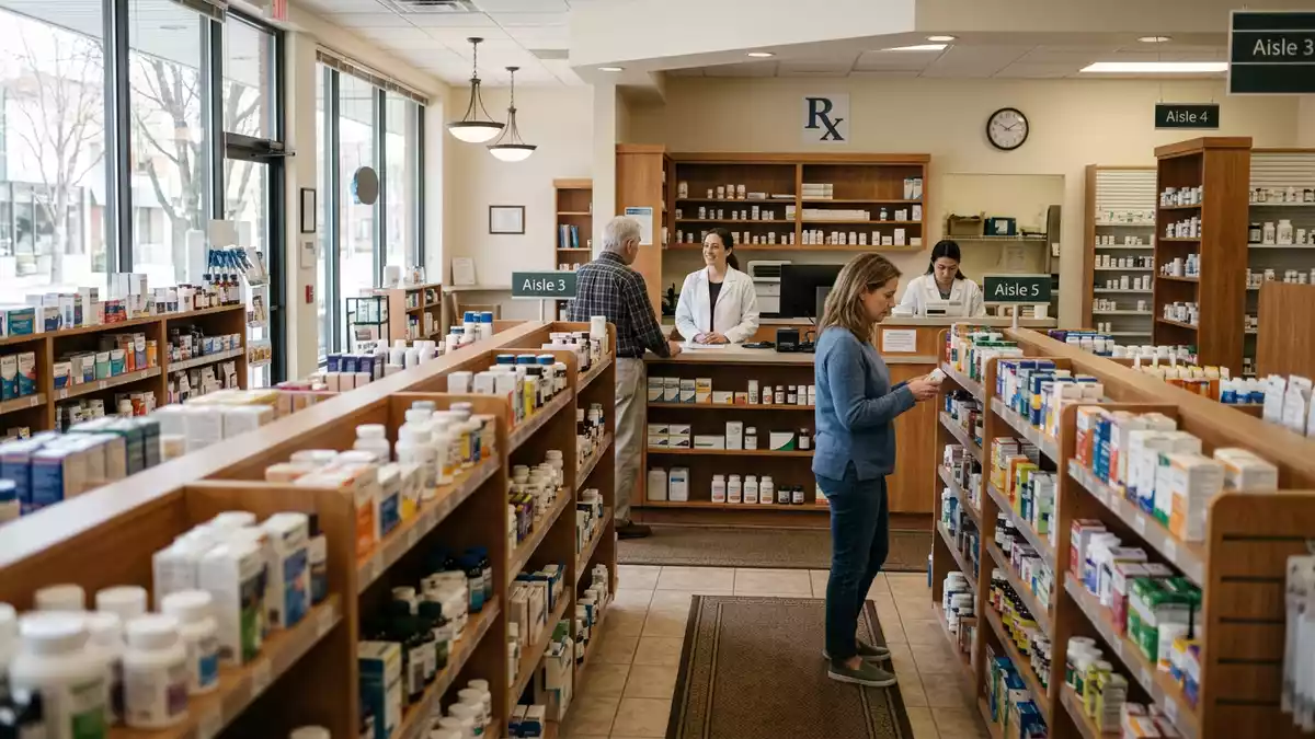 Fotorealistische Ansicht von Apotheke in der Apotheke in realer Umgebung, neutral