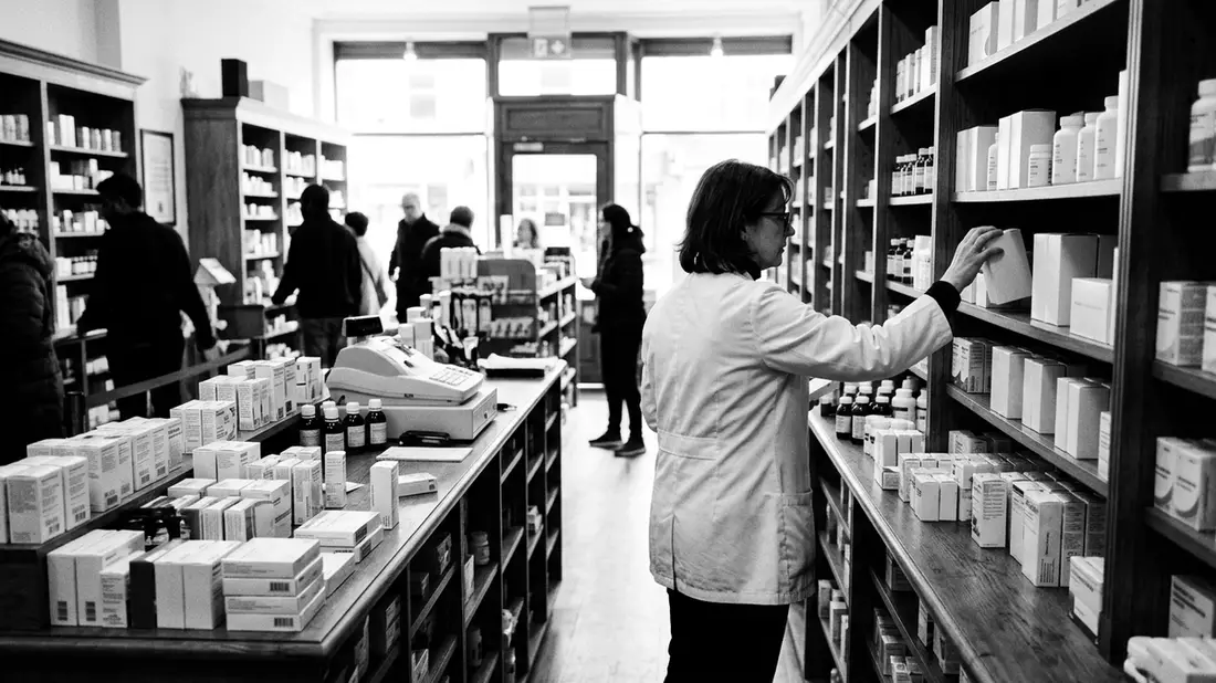 Schwarzweiss-Reportagebild mit Apotheke in dokumentarischer Arbeitsumgebung, neutral