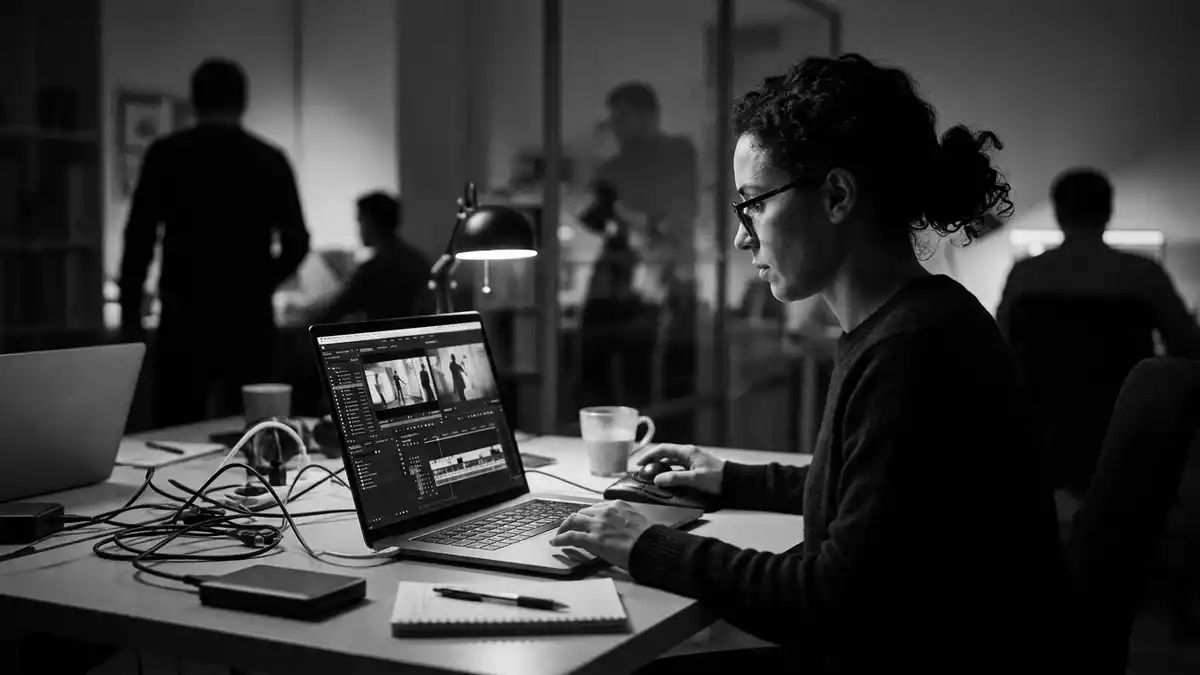 Schwarzweiss-Reportagebild mit Streamingdienst in dokumentarischer Arbeitsumgebung