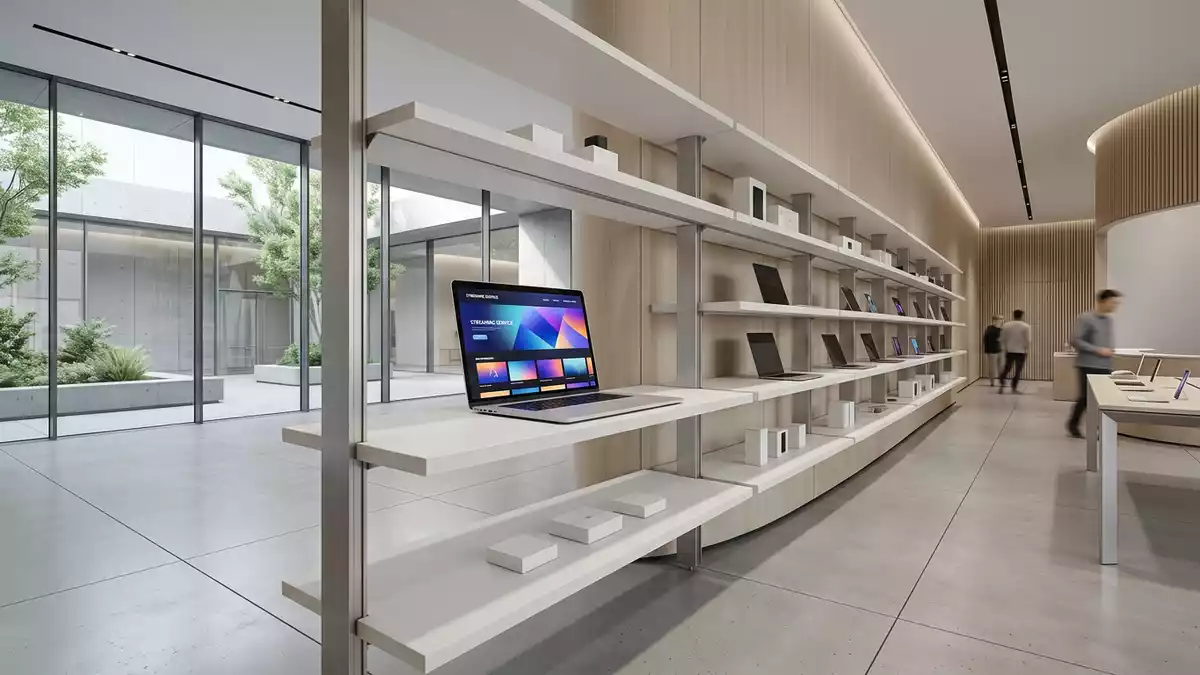 Architektur-Render im Elektronik-Fachmarkt mit Streamingdienst im Ausstellungsbereich