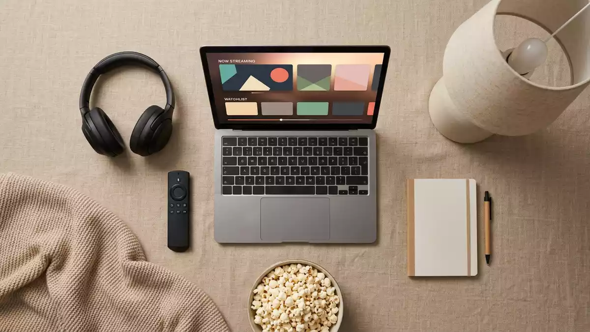 Flatlay-Arrangement rund um Streamingdienst mit passenden Requisiten von oben, neutral