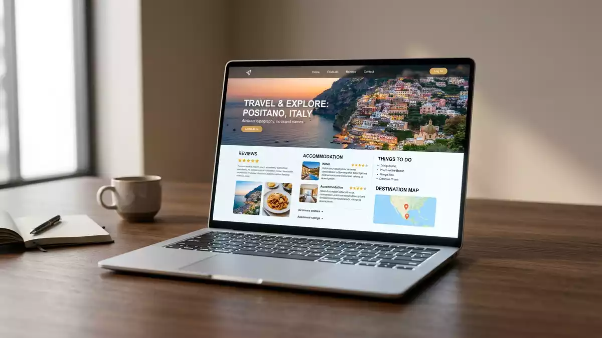 Fotorealistische Studioansicht von Reiseportal in neutraler Produktdarstellung