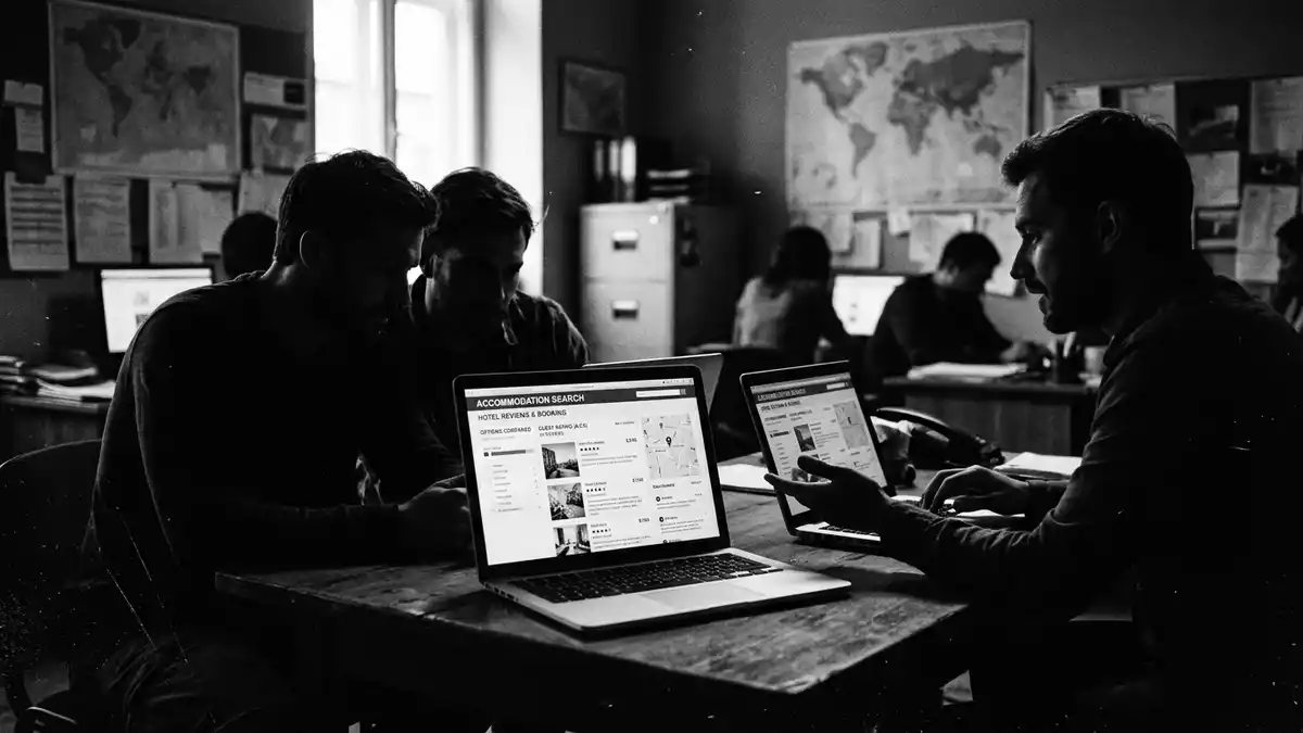 Schwarzweiss-Reportagebild mit Reiseportal in dokumentarischer Arbeitsumgebung
