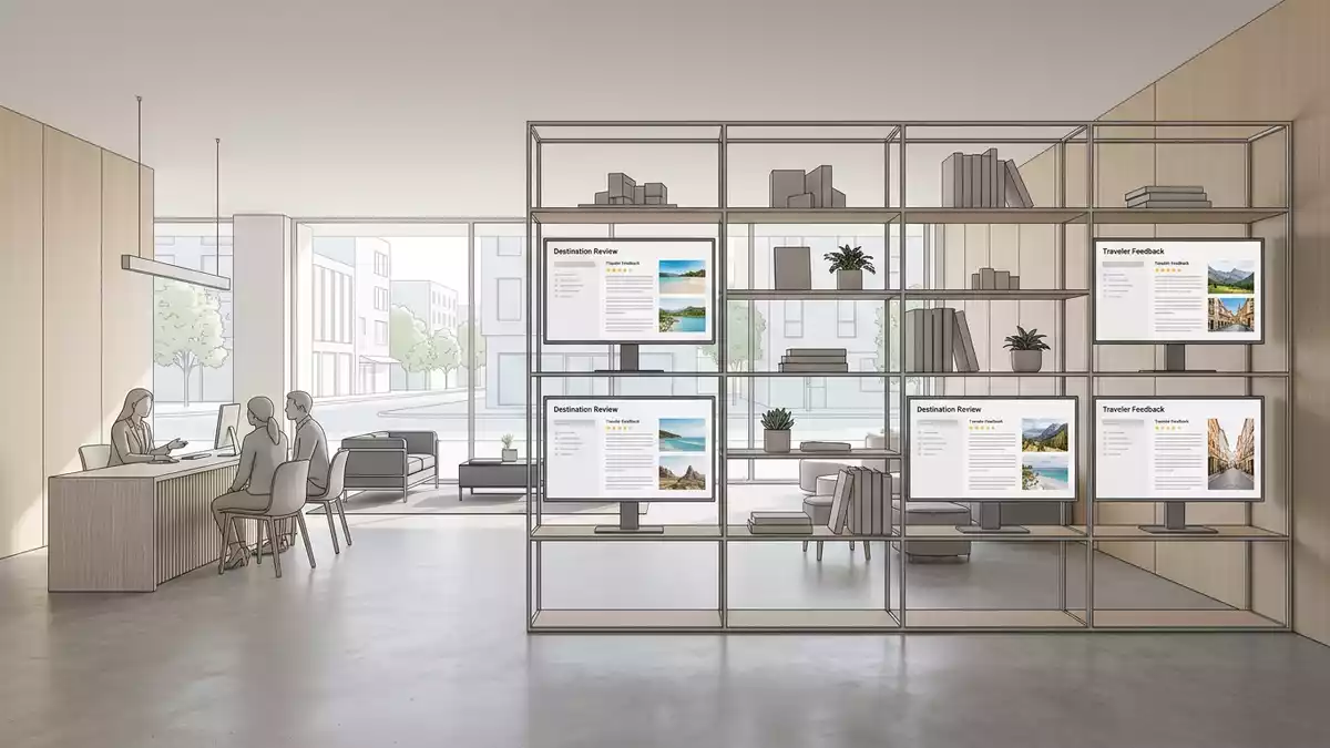 Architektur-Render im Reisebüro mit Reiseportal im Ausstellungsbereich, neutral