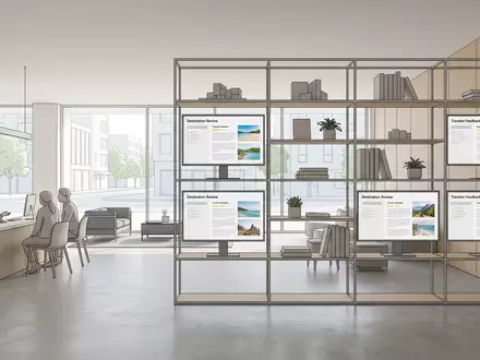 Architektur-Render im Reisebüro mit Reiseportal zum Thema Tripadvisor Bewertung, ISIN US8969452015, neutrales Tageslicht - Foto: THN