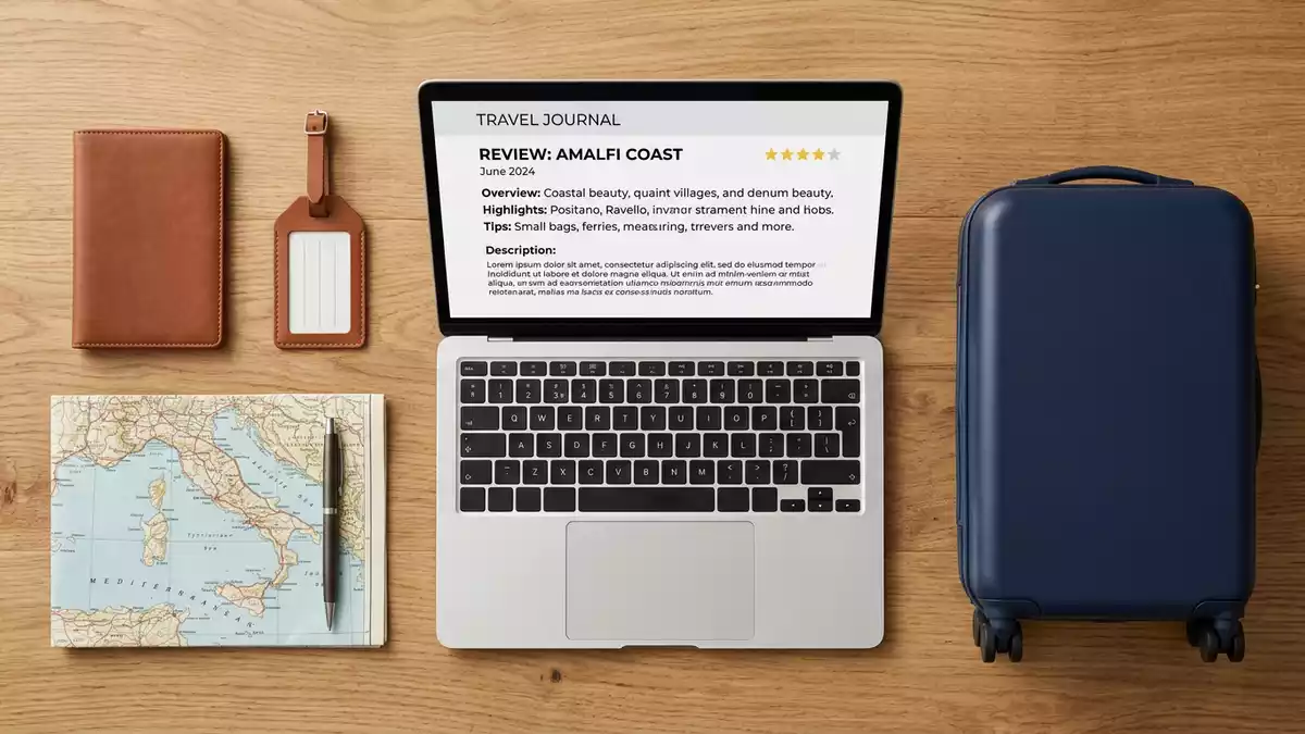Flatlay-Arrangement rund um Reiseportal mit passenden Requisiten von oben, neutral