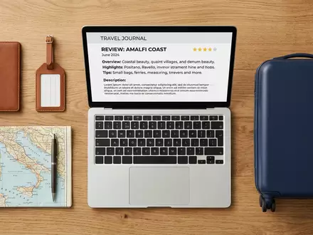 Flatlay-Arrangement rund um Reiseportal zum Thema Tripadvisor Bewertung, ISIN US8969452015, weiches Oberlicht - Foto: THN
