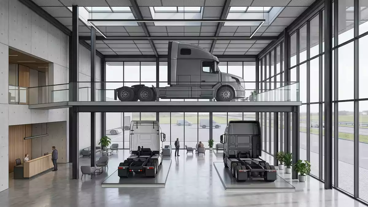 Architektur-Render im Nutzfahrzeughandel mit Sattelzugmaschine im Ausstellungsbereich