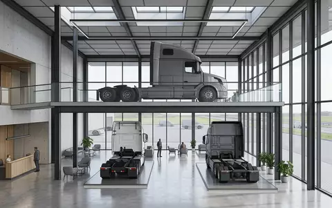 Architektur-Render im Nutzfahrzeughandel mit Sattelzugmaschine zum Thema MAN TGX, ISIN DE000TRAT0N7, neutrales Tageslicht - Foto: THN