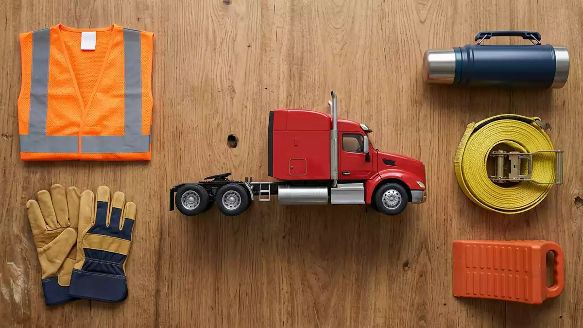 Flatlay-Arrangement rund um Sattelzugmaschine mit passenden Requisiten von oben