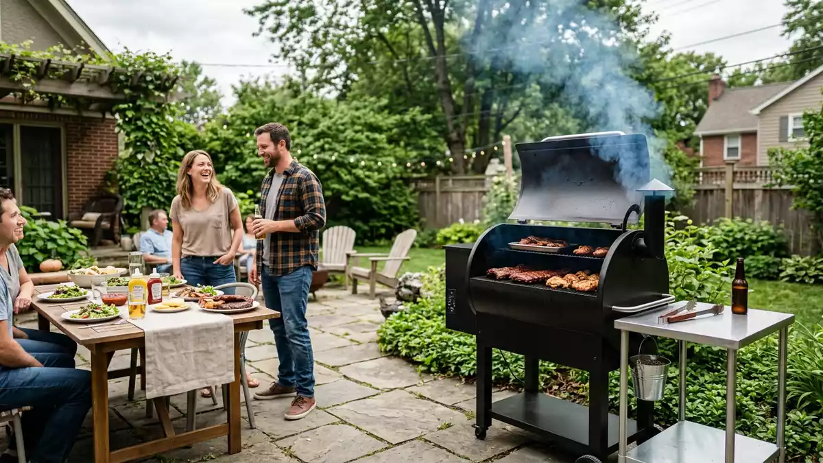 Fotorealistische Ansicht von Pelletgrill im Garten in realer Umgebung, neutral