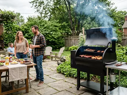 Fotorealistische Aufnahme von Pelletgrill im Garten zum Thema Traeger Pelletgrill, ISIN US8926721064, natuerliches Licht - Foto: THN
