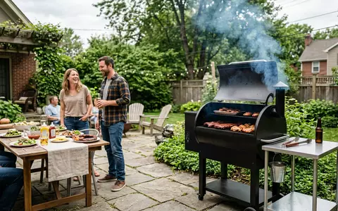 Fotorealistische Aufnahme von Pelletgrill im Garten zum Thema Traeger Pelletgrill, ISIN US8926721064, natuerliches Licht - Foto: THN