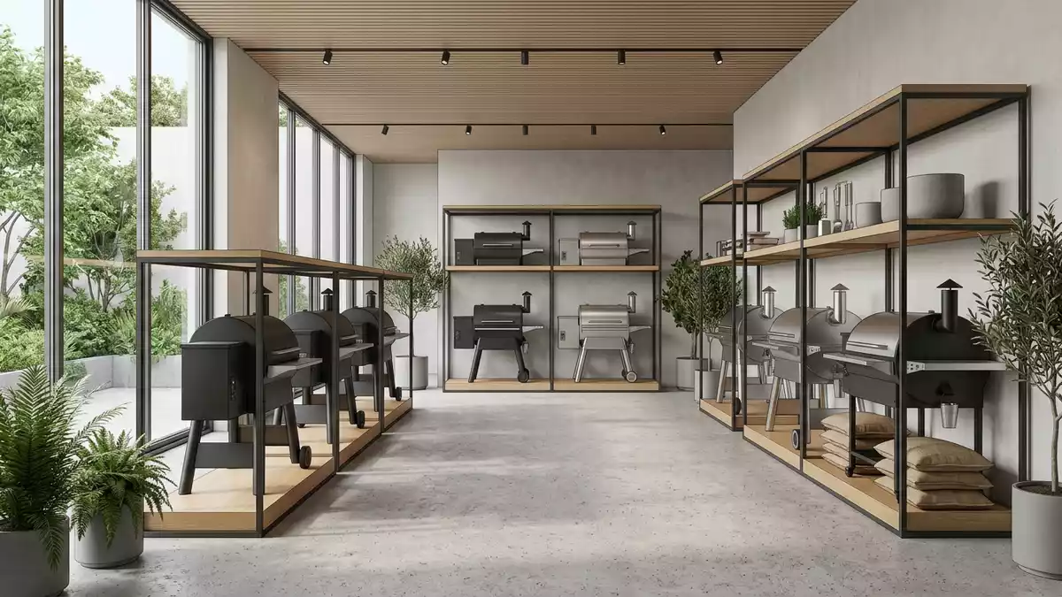 Architektur-Render im Gartenfachmarkt mit Pelletgrill im Ausstellungsbereich, neutral