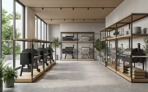 Architektur-Render im Gartenfachmarkt mit Pelletgrill zum Thema Traeger Pelletgrill, ISIN US8926721064, neutrales Tageslicht - Foto: THN