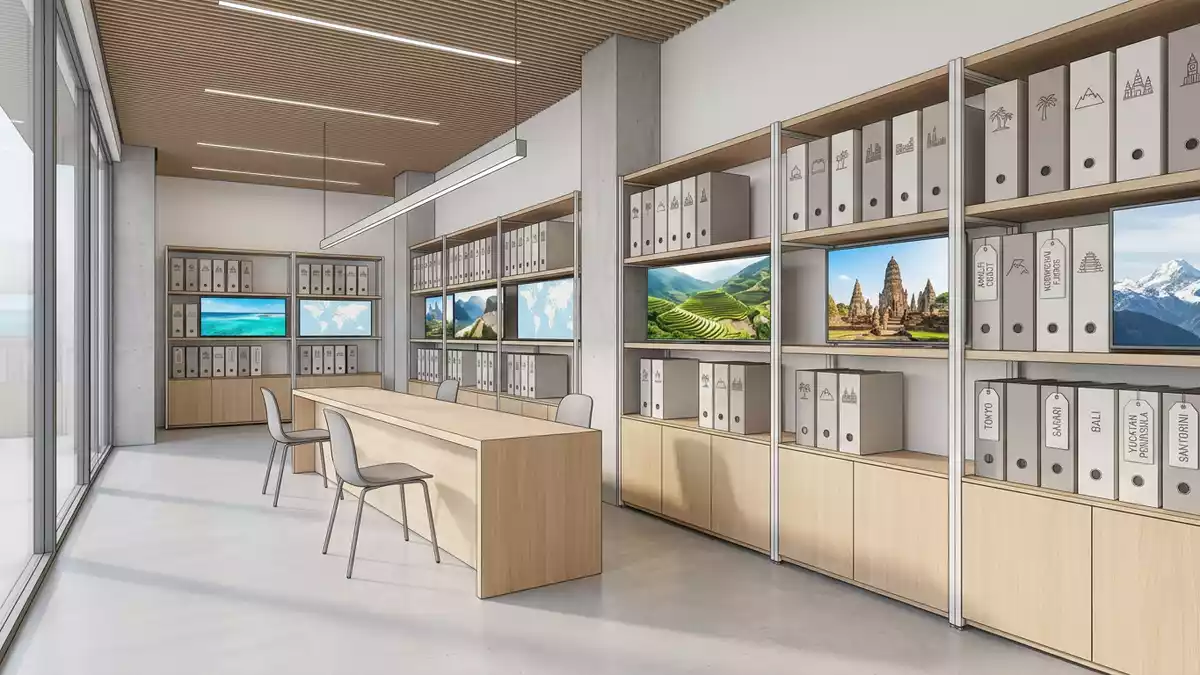 Architektur-Render im Reisebüro mit Pauschalreise im Ausstellungsbereich, neutral