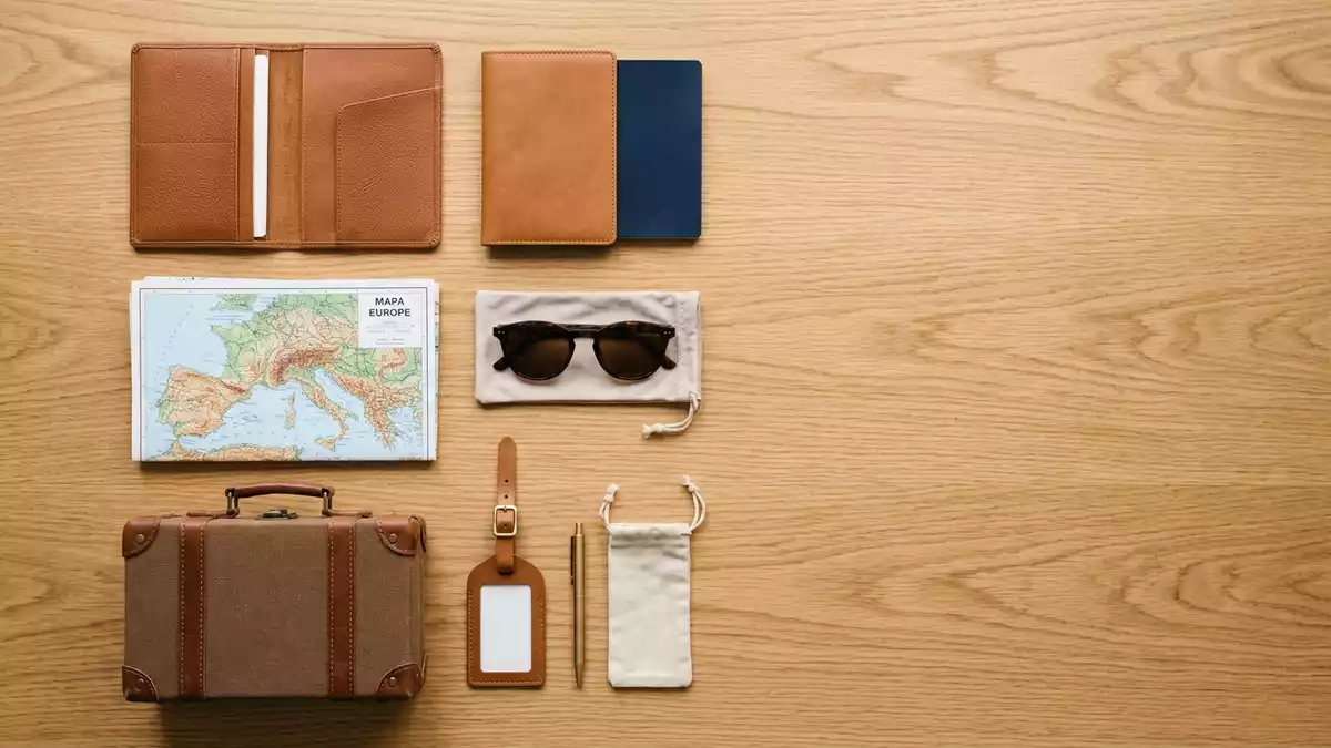 Flatlay-Arrangement rund um Pauschalreise mit passenden Requisiten von oben, neutral