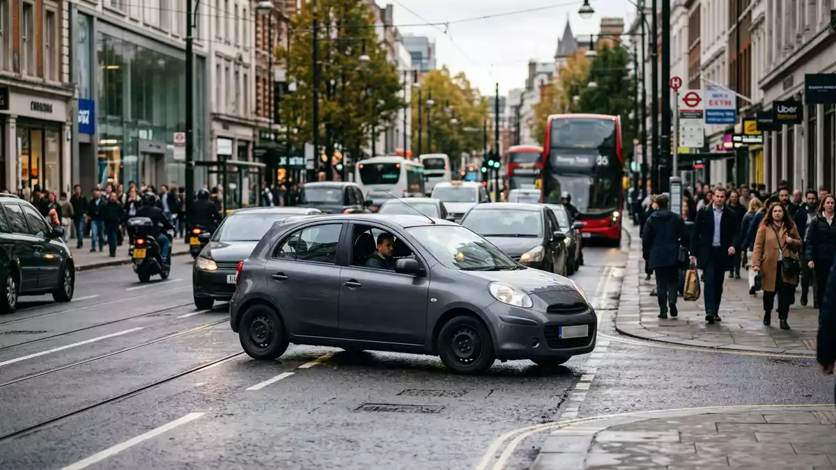 Fotorealistische Ansicht von Kleinwagen im Stadtverkehr in realer Umgebung, neutral