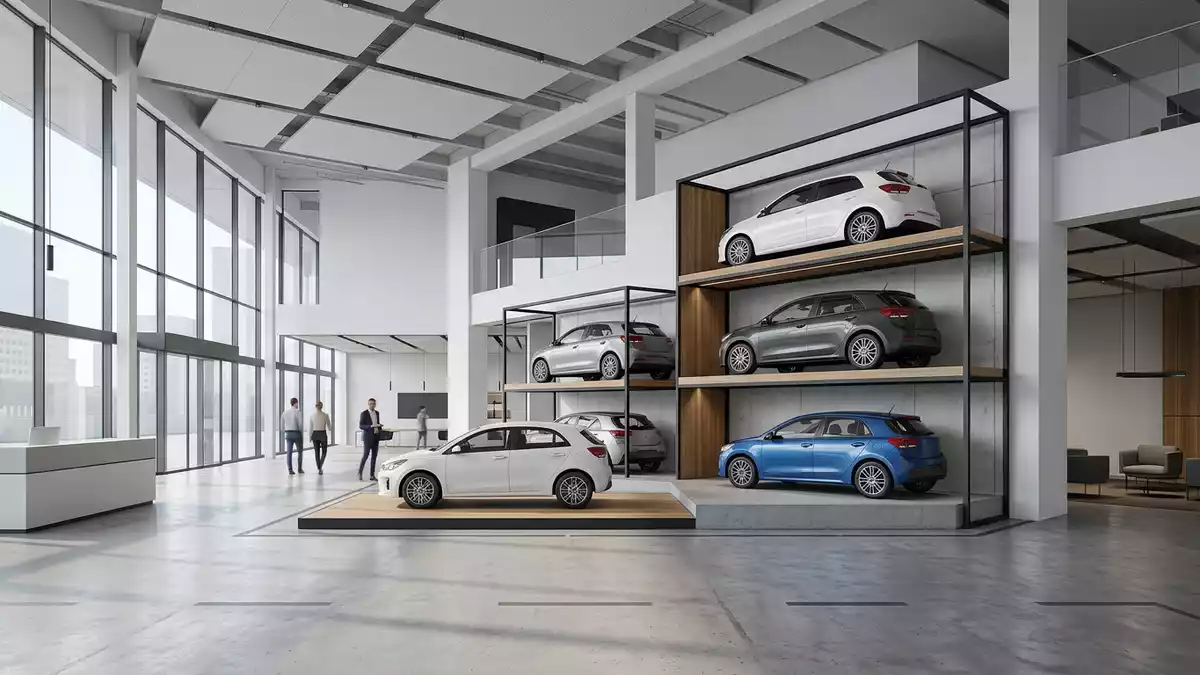 Architektur-Render im Autohaus mit Kleinwagen im Ausstellungsbereich, neutral