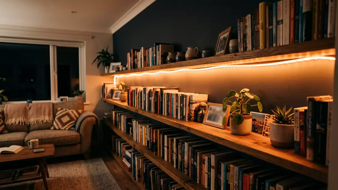 Fotorealistische Ansicht von LED-Lichtstreifen im Wohnzimmer in realer Umgebung
