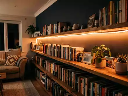 Fotorealistische Aufnahme von LED-Lichtstreifen im Wohnzimmer zum Thema Philips Hue Lightstrip, ISIN NL0011821392, natuerliches Licht - Foto: THN