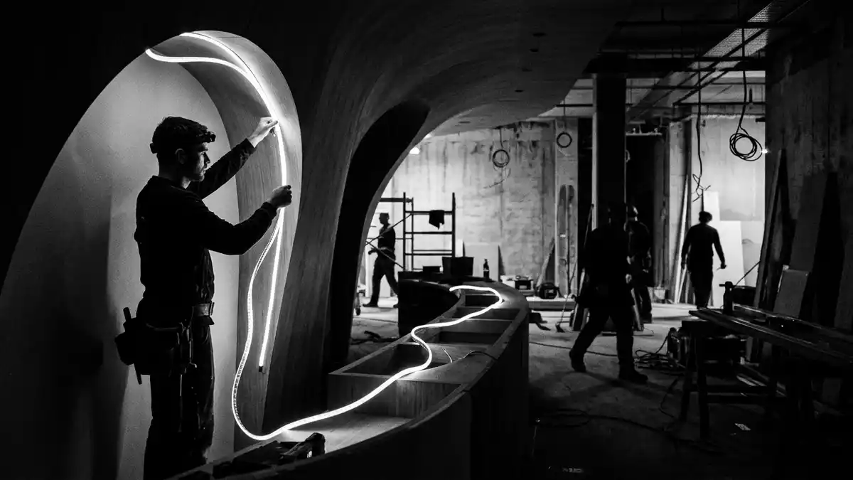 Schwarzweiss-Reportagebild mit LED-Lichtstreifen in dokumentarischer Arbeitsumgebung