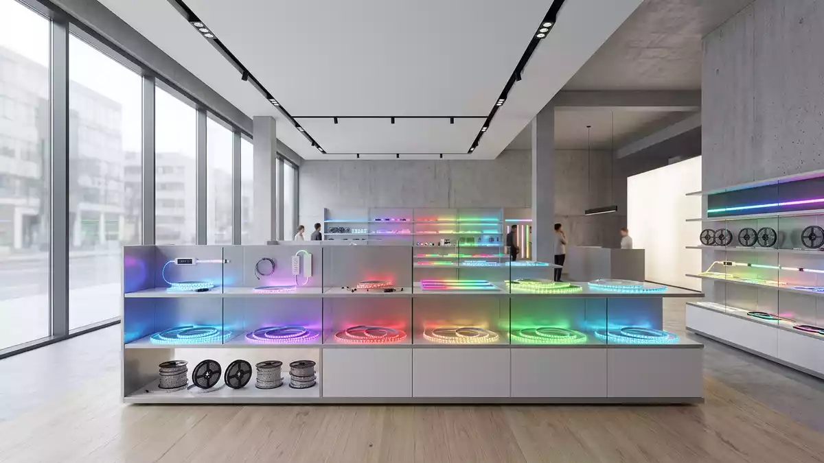 Architektur-Render im Lichtfachhandel mit LED-Lichtstreifen im Ausstellungsbereich