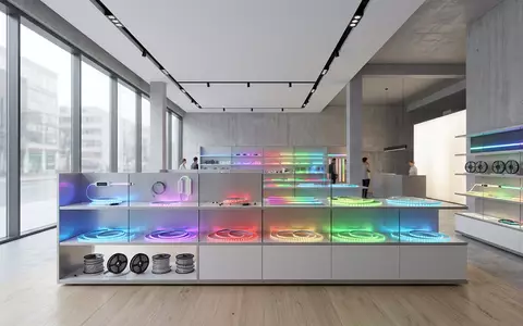 Architektur-Render im Lichtfachhandel mit LED-Lichtstreifen zum Thema Philips Hue Lightstrip, ISIN NL0011821392, neutrales Tageslicht - Foto: THN