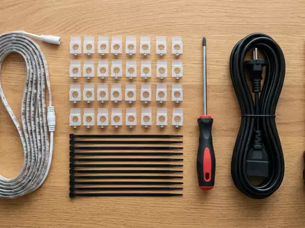 Flatlay-Arrangement rund um LED-Lichtstreifen zum Thema Philips Hue Lightstrip, ISIN NL0011821392, weiches Oberlicht - Foto: THN