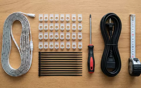 Flatlay-Arrangement rund um LED-Lichtstreifen zum Thema Philips Hue Lightstrip, ISIN NL0011821392, weiches Oberlicht - Foto: THN